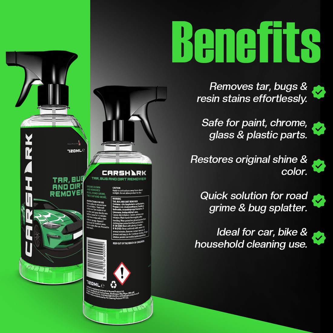 Car Shark DIRT, TAR & BUG REMOVER 720ML+Car Shark TYRE POLISH TRIGGER 720ML