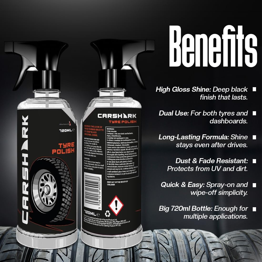 Car Shark DIRT, TAR & BUG REMOVER 720ML+Car Shark TYRE POLISH TRIGGER 720ML
