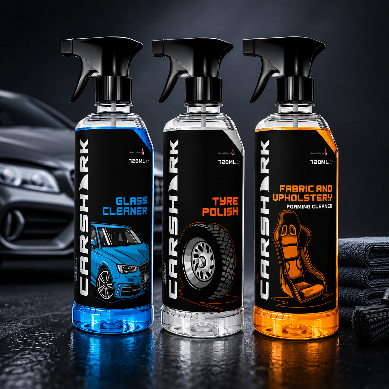 Car Shark GLASS CLEANER TRIGGER 720ML+Car Shark TYRE POLISH TRIGGER 720ML+Car Shark FABRIC & UPHOLSTERY CLEANER 720ML