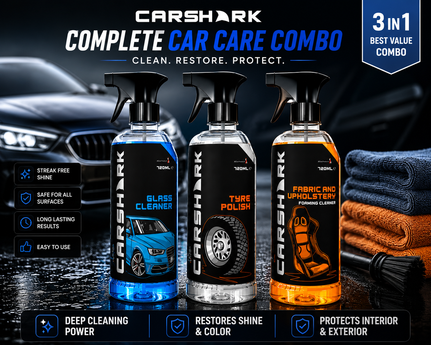 Car Shark GLASS CLEANER TRIGGER 720ML+Car Shark TYRE POLISH TRIGGER 720ML+Car Shark FABRIC & UPHOLSTERY CLEANER 720ML