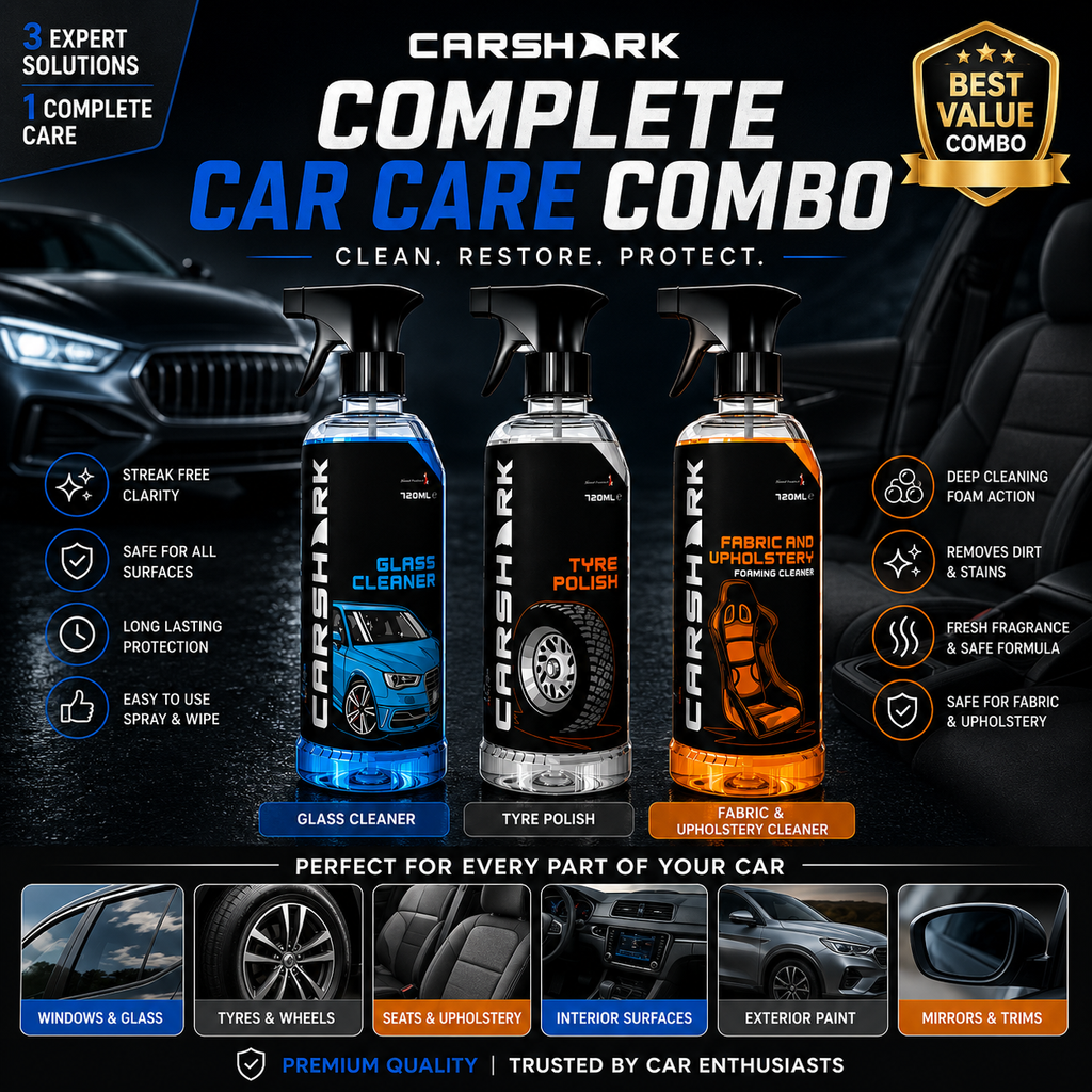 Car Shark GLASS CLEANER TRIGGER 720ML+Car Shark TYRE POLISH TRIGGER 720ML+Car Shark FABRIC & UPHOLSTERY CLEANER 720ML