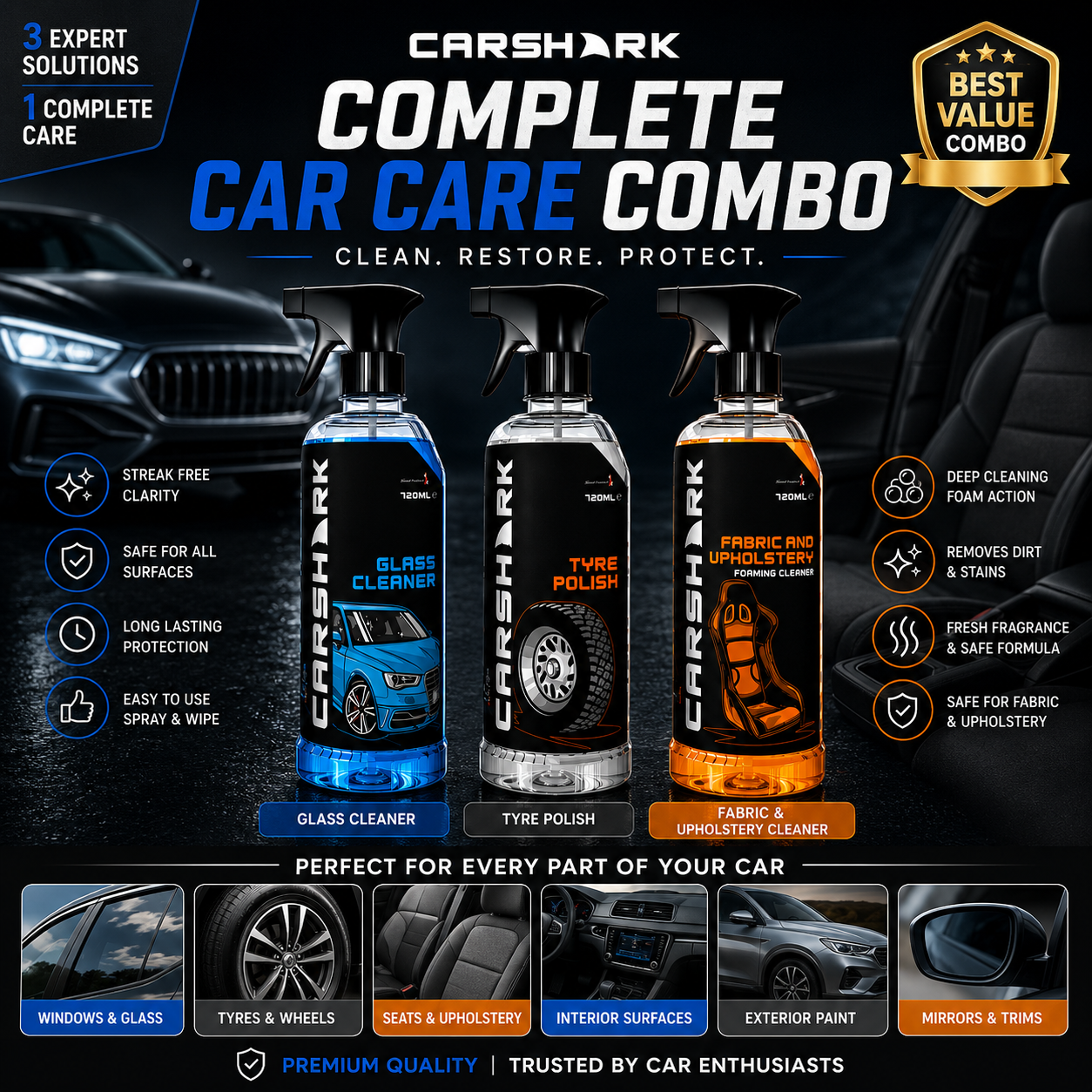 Car Shark GLASS CLEANER TRIGGER 720ML+Car Shark TYRE POLISH TRIGGER 720ML+Car Shark FABRIC & UPHOLSTERY CLEANER 720ML