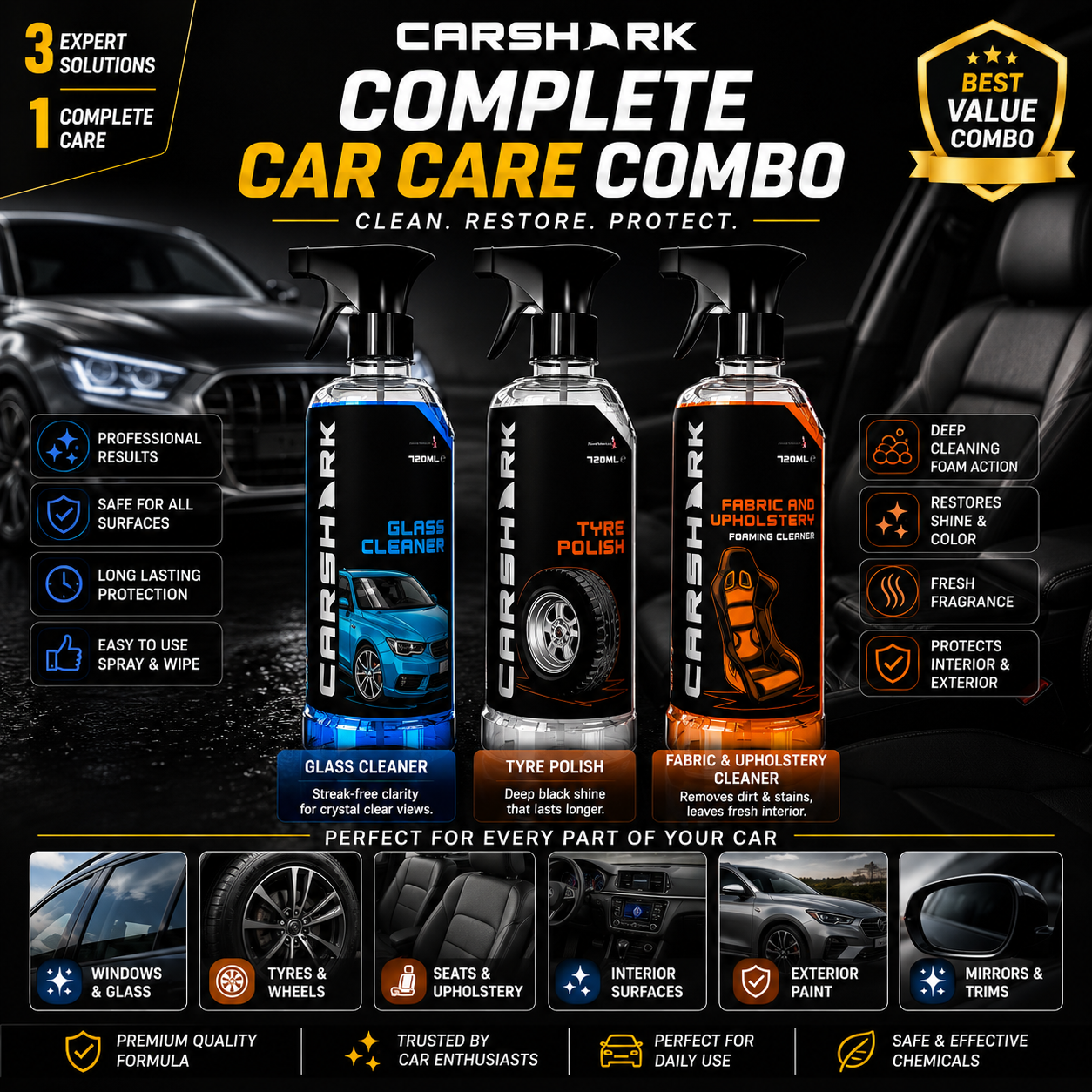 Car Shark DASHBOARD CLEANER TRIGGER 720ML+Car Shark LEATHER CLEANER TRIGGER 720ML+Car Shark SPRAY WCar Shark TRIGGER 720ML